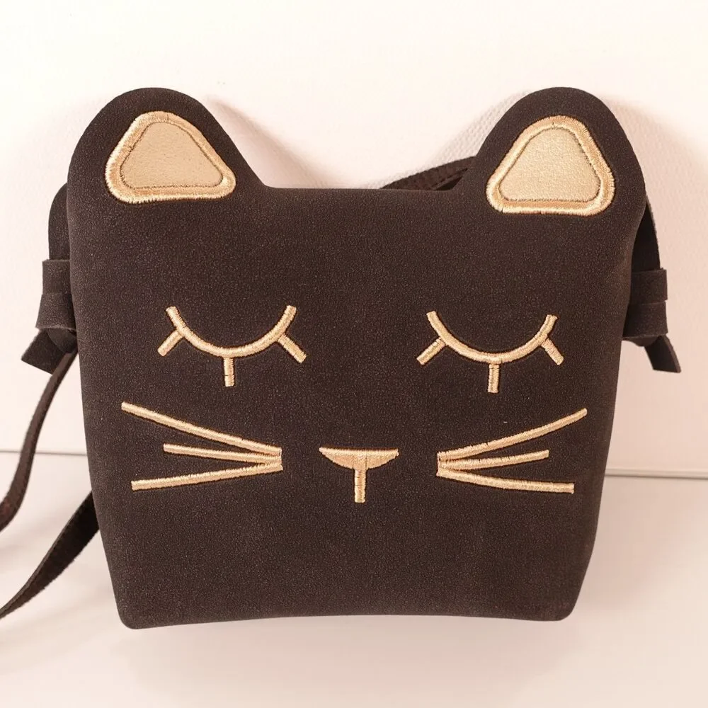 Cute Black Cat Crossbody Bag Little Girls Purse Black Gold with Cat Keychain